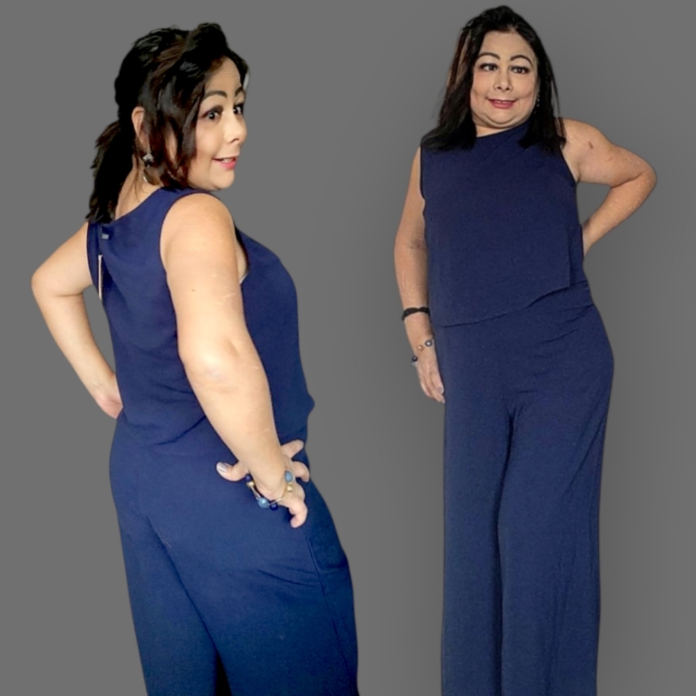 Roylamp Outfit Womens Medium Navy Blue Sleeveless Jumpsuit with Wide-Leg Design